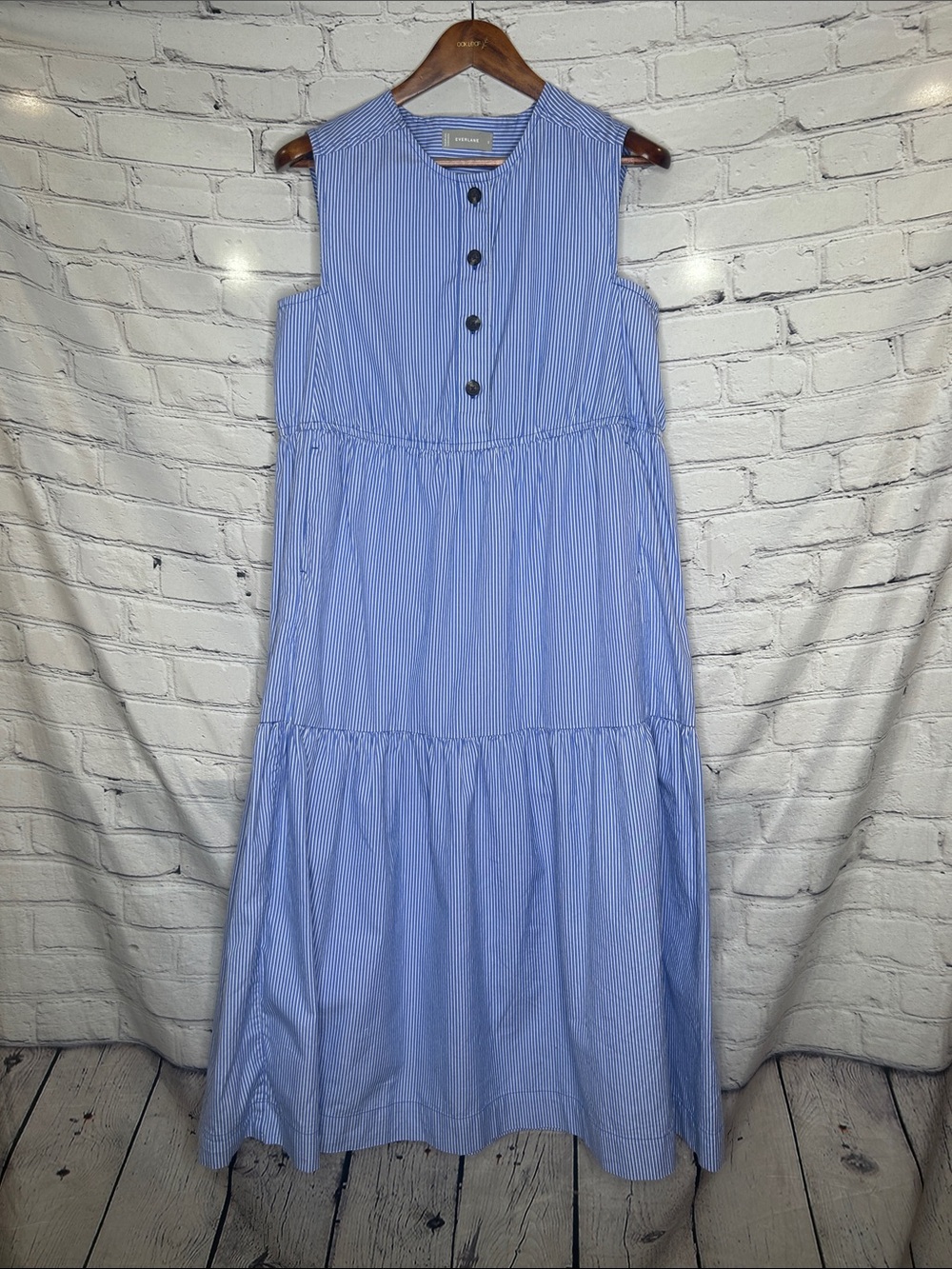 Everlane Sleeveless Blue Pinstripe Button Maxi Dress Size Small